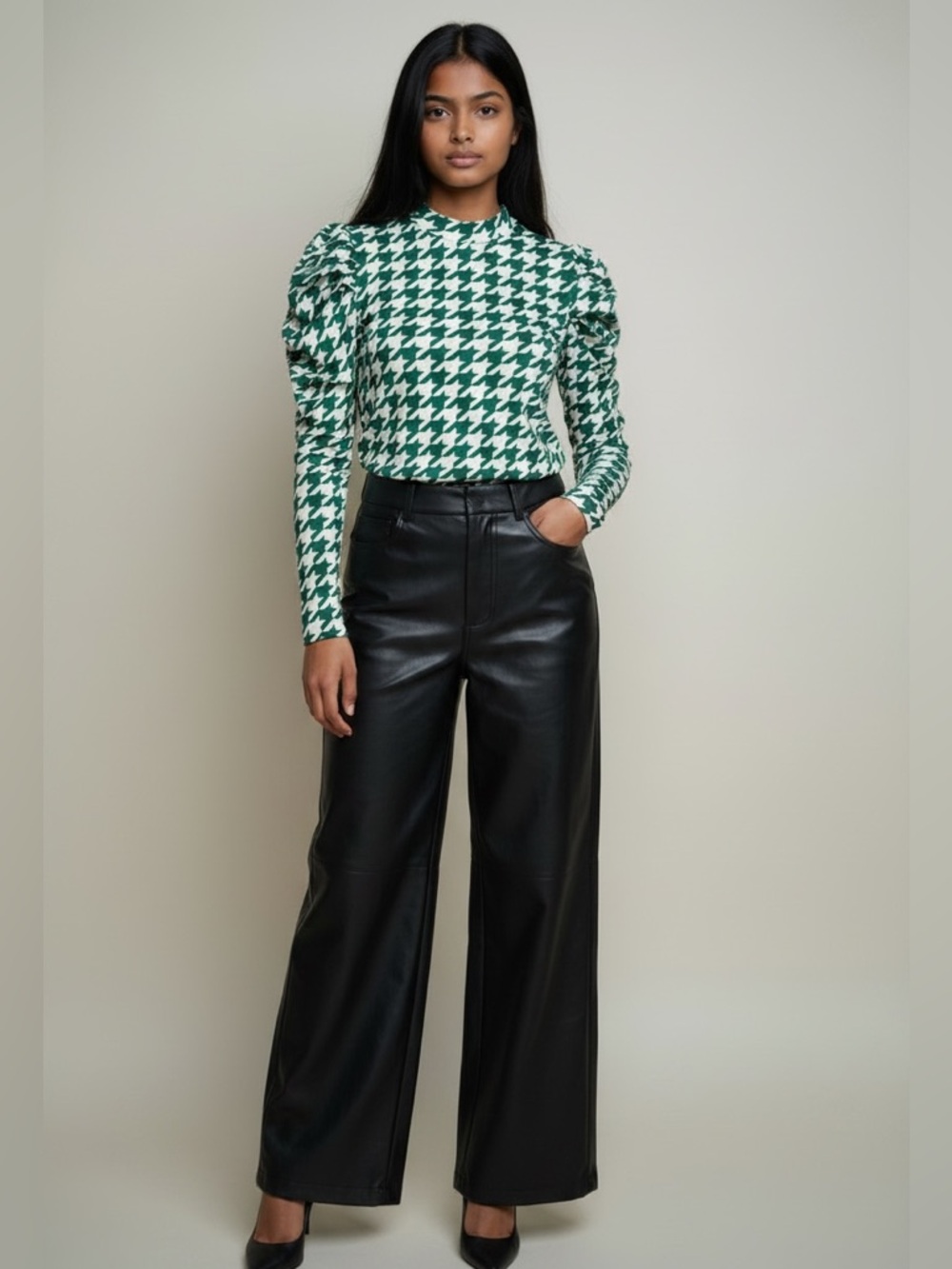 Green Houndstooth Puff-Sleeve Top - Women